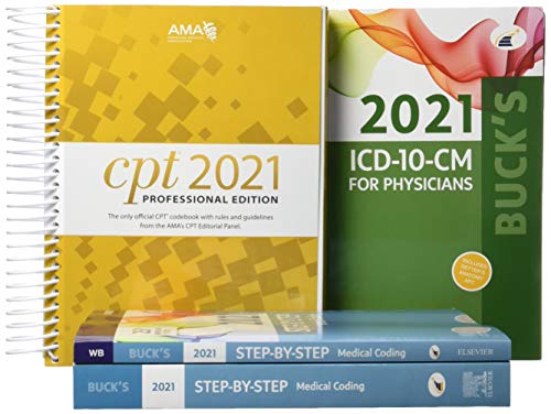 2021 Step by Step Medical Coding Textbook, 2021 Workbook for Step by Step Medical Coding Textbook, Buck's 2021 ICD-10-CM Physician Edition, 2021 HCPCS ... AMA 2021 CPT Professional Edition Package