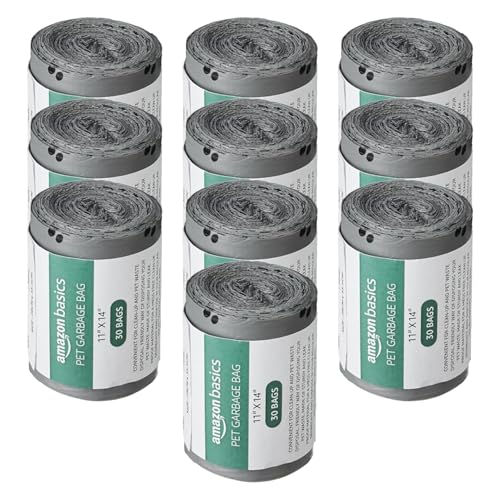 Image of Amazon Basics Pet Poop Bags with Fun Paw Print Design | Strong, Leak-Proof | Easy to Use | Unscented | Grey | 300 Count (30 Bags x 10 Rolls)