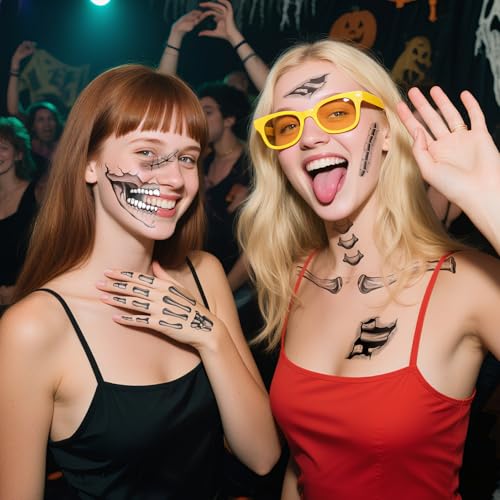 Acevegue Halloween Skelett Tattoo Gesicht 10 Blätter, Halloween Schminke Erwachsene Accessoires Damen Herren Gesichtstattoo, Make Up Mund Totenkopf Tattoo Sticker Aufkleber Kostüm Zubehör