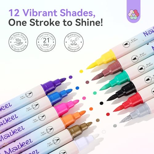 Image of SAVILAND 12 Colors Nail Polish Pens Set: 20s Quick-Drying Dual-Tip Acrylic Paint Nail Art Pens Fine Tip for Painting Nails, Drawing Dots, Lines & Designs, Home DIY Nails Art Supplies