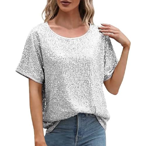 2025 - Tops de lentejuelas para mujer, blusas brillantes con purpurina, camisas de manga corta con lentejuelas para vacaciones, suéter de noche de club con cuello de camisa para mujer, plata, S