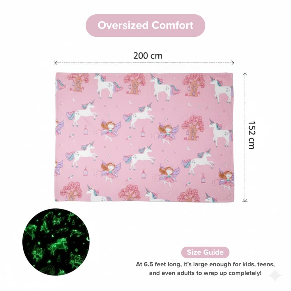 DOCAT Glow Blanket for Kids 0-15 Years, 200×152 cm Double Bed Blanket for Girls Boys, Soft Cozy Flannel Fleece Throw Blankets for Winter, Radium Blanket Ideal Gift for Boys & Girls (Pink Unicorn) 1
