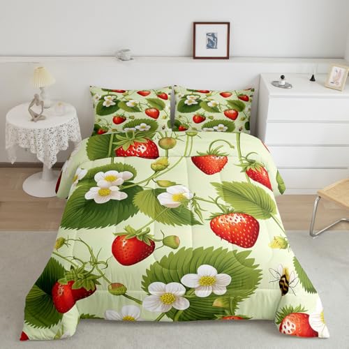 Image of Feelyou Strawberry with Floral Comforter Fruit Comforter Set for Kids Girls Botanical Flora Leaves Bedding Set Soft Quilt 1 Comforter Set with 1 Pillowcase Twin Size Boys