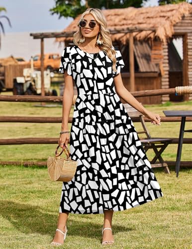 Image of Zeagoo Summer Dresses for Women 2026 Maxi Bohemian Floral Short Sleeve Long Dress Casual Flowy Tired Beach Sundress