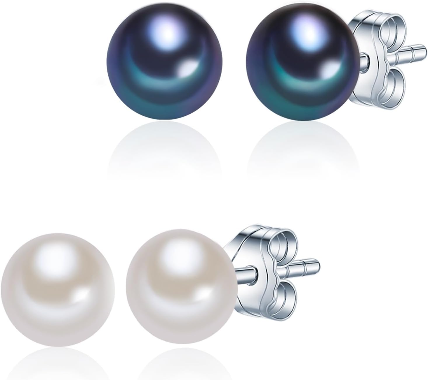 Sterling Silver 925 rhodium-plated Ladies Set of 2 Stud earrings with Freshwater cultured pearls white peacock-blue 60020047