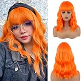 Cetiq Short Bob Wigs with Bangs for Women Loose Wavy Wig Curly Wavy Shoulder Length Bob Synthetic Cosplay Wig for Girl Colorful Costume Wigs (Orange)