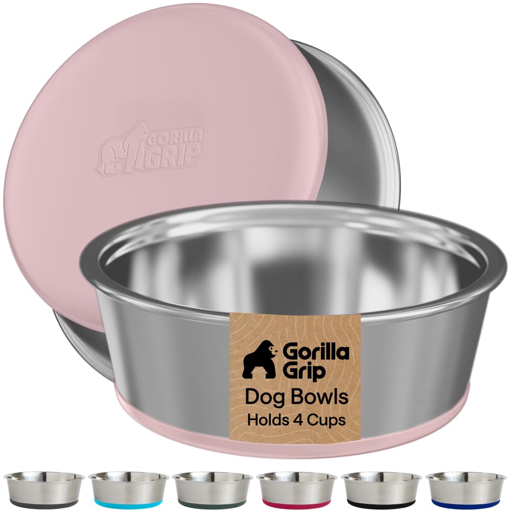GORILLA GRIP Dog Bowls, Food Grade Stainless Steel, Set of 2, 4 Cup, Pink