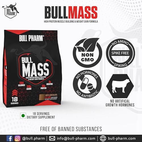 Image of Bull Mass Muscle Gainer Protein Powder | Increased Athletic performance | Strength | Weight Gain | Lean Muscle | FSSAI Approved (Rich Chocolate, 12 Lbs)