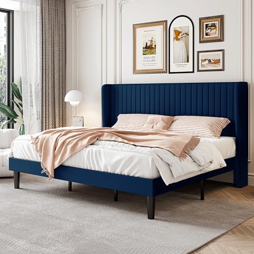 Image of SHA CERLIN King Size Velvet Bed Frame, Tufted Wingback Headboard, Blue | 47'' Modern Vertical Channel Headboard, Upholstered Platform Bed, Wood Slats, No Box Spring Needed, Easy Assembly, Noise Free