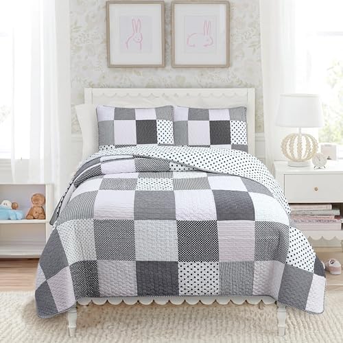 Cozy Line Home Fashions Black White Pink Polka Dots Striped Star Girl 100% Cotton Reversible Quilt Bedding Set, All-Season Coverlet Bedspread (Black Pink, Twin - 2 Piece)