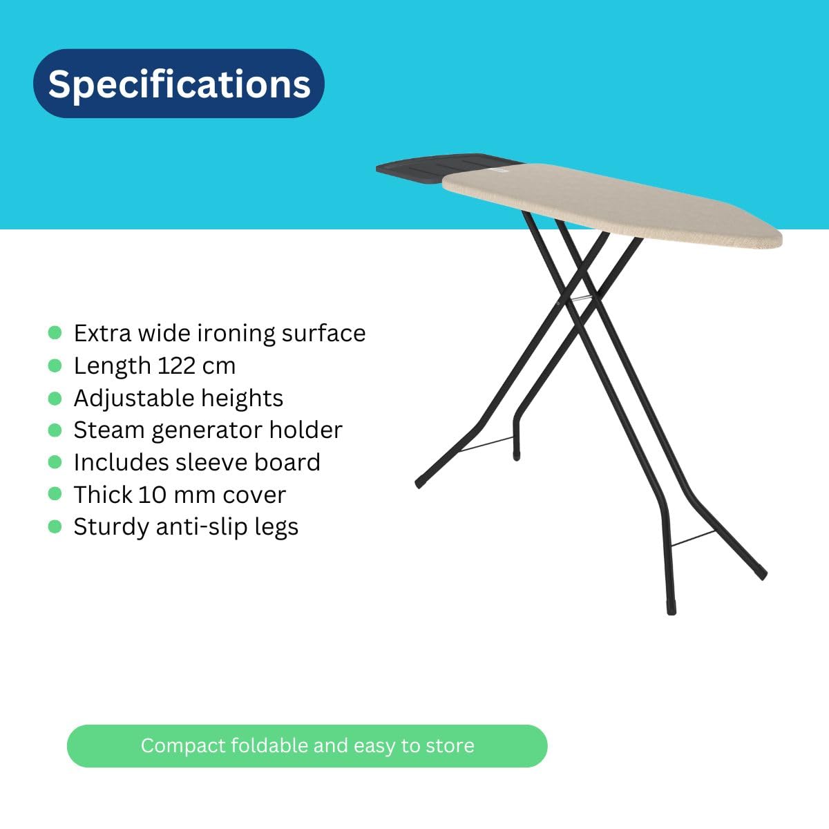 Bügelbrett – Mit Dampfbügelstation-Ablage – 122x38 cm – Stabil und standfest – Höhenverstellbar – Luxuriöses Bügelerlebnis – Farbe: Beige