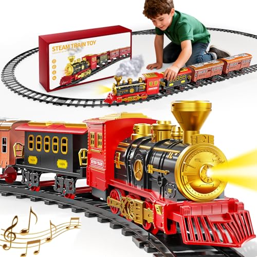 Novaluki - Electric Train Set for Kids, Christmas Train Toys with Smoke, Light and Sound, DIY Building Train Tracks Under Christmas Tree, Classic Model Trains Gifts for Boys Girls 3 4 5 6 7 8 Years Old
