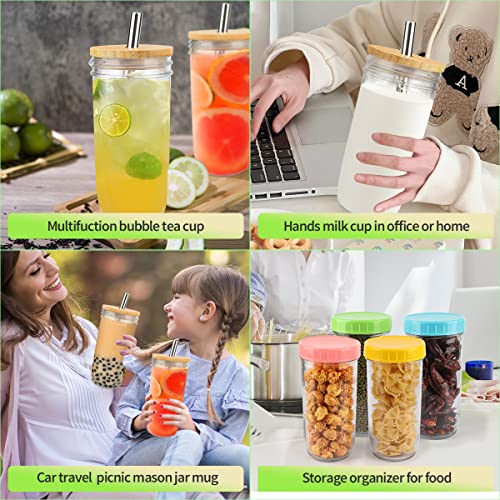 [ 4 Pack ] Glass Cups Set - 24Oz Mason Jar With Lid And Straw Reusable Iced Coffee Cup Wide Mouth Bubble Cups, Smoothie Bobo Cup W 12 Airtight Lids Brush,Tumbler Drinking Bottle For Pearl Tea, Juice #TOP3