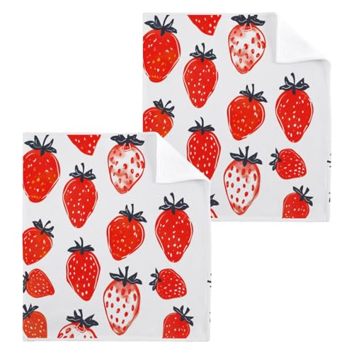 ALAZA Wash Cloth Set 100% Cotton Fingertip Towels Face Cloths Sets Strawberry Red Korean Highly Absorbent Soft Feel Set of 2