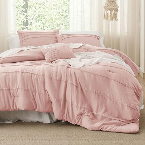 Image of Bedsure Full Comforter Set - 4 Pieces Pinch Pleat Bed Set, Light Pink Boho Bedding for All Season, 1 Soft Comforter, 2 Pillowcases, 1 Decorative Pillow