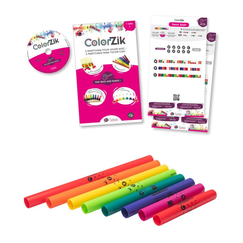 FUZEAU - 78348 - LOT COLORZIK POP ROCK & DANCE + Instrument - Partitions colorées + CD + 8 tubes Boomwhackers - Méthode jouer de la musique sans solfège - 10 partitions colorées - Dès 7 ans