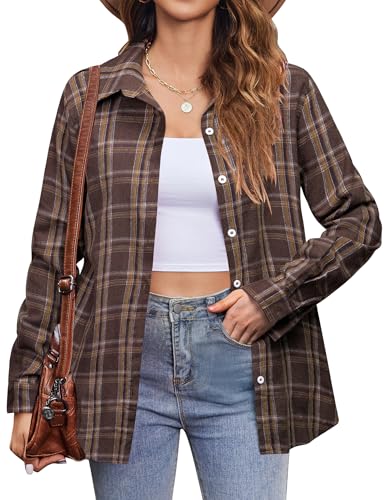 Zeagoo Flannel Shirt Women Button Down Shirts Fashion 2025 Oversized Brown Plaid Long Sleeve Shacket Gingham Blouses