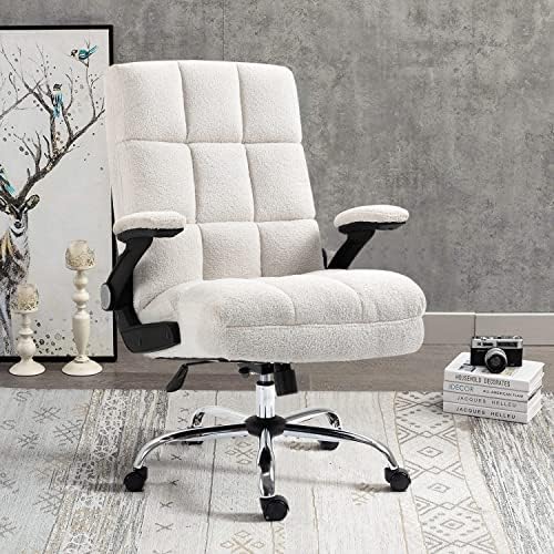 YAMASORO High Back Ergonomic Office Chair,Modern Computer Desk Chairs with Flip-up Armrests, Faux Fur Executive Swivel Rolling Chair (White)