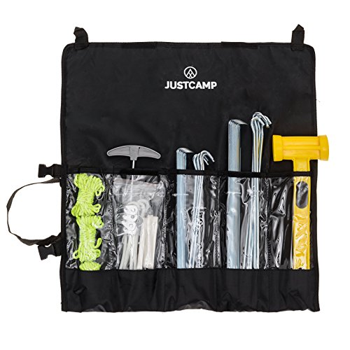 JUSTCAMP Zelt Zubehör Set Griffin für Camping, Festival, Outdoor - 34 Ersatzteile Heringe, Abspannleinen, Gummihammer