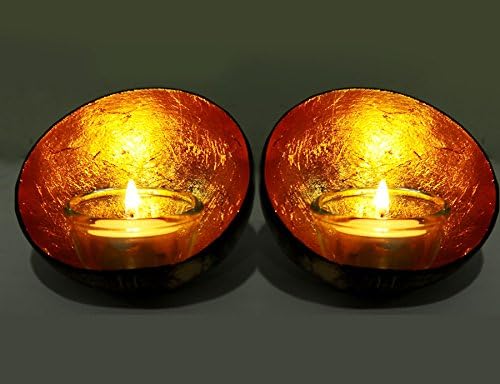 Proudnature Exotic Set of 2 Glowing Candle Holder From Coconut Shell and Golden Leaf.