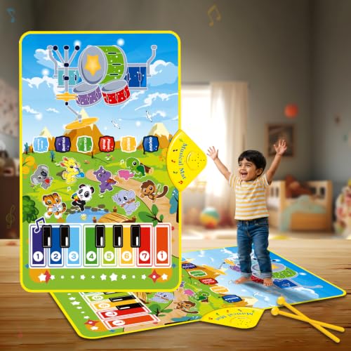 Image of 3-in-1 Piano Mat for Kids, Musical Piano Mat - Drum, Piano & Instrument Sounds with 2 Sticks, Animal Prints, Educational Toy for Toddlers 12M+ Ideal for 1-3 Years - Green