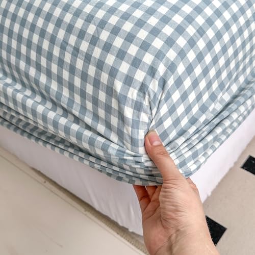 Image of Mucalis Light Blue Gingham Fitted Sheet Queen Only Deep Pocket 16 Inch 100% Washed Cotton White Plaid Checkered Bottom Sheet,Soft,Breathable,Easy Care
