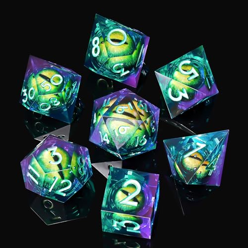 Beholder's Dragon Eye DND Dice Set,Sharp Edge Liquid Core Resin Handmade Cat Eye Dice with Gift Box 7 PCS for Role Playing Dungeons and Dragons...