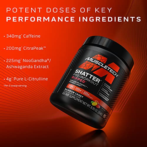 Muscletech Pre Workout + Weight Loss Shatter Ripped Pre-Workout | Pre Workout For Men & Women | Preworkout Energy Powder Drink Mix | Energy + Weight Loss Formula | Rainbow Candy (40 Servings) #TOP6