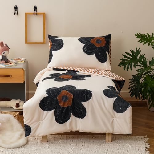 Image of Luxlovery Toddler Comforter Set Black Beige Sunflower Kids Boho Bedding Set Bed Set for Dorm 4 Pieces (1 Comforter, 1 Flat Sheet, 1 Fitted Sheet, 1 Pillowcase)