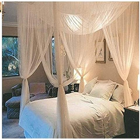 Souarts Bed Canopy Mosquito Net 4 Corner Post Bed Canopy Mosquito Net Bed Mosquito Netting Mesh Bedding Netting Curtains Fly Midges Insect Protection Repellent White Cover