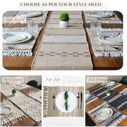 Image of Luxe Home Cotton Table Placemats with Runner Set for Dining Table 4 Seater Rectangular Woven Mats with Tassels (Placemats 66x33 cm + Runner 180x33 cm) - Beige
