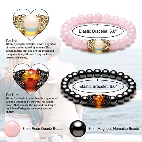 Jovivi 2Pcs Couple Bracelets For Men Women 8Mm Rose Quartz Hematite Healing Energy Beads Stretch Crown King Charm Bracelet Adjustable #TOP2