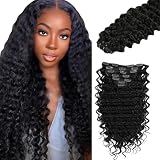 Zeslaerr Deep Wave Clip In Extension De Cheveux Humains #1B Natural Black Knotless Soft and Silky For Women Seamless Clip In Hair Human Extension 7 Pcs 16Inch/40cm