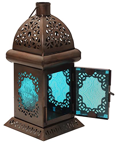Mandala Craftorious Decorative Antique Brass Finish Vintage Design 9 Inch Hanging Moroccan Lantern & Candle Holder In Blue Glass For Indoor & Outdoor Garden #TOP27