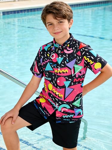 Image of uideazone Boys Hawaiian Shirts Novelty Printed Funky Short Sleeve Button Down Shirt Kids Aloha Luau Shirt 7-14T
