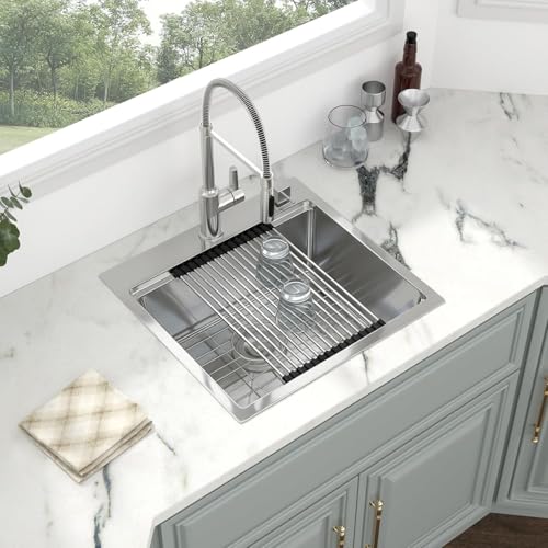 Image of Kichae 21 Drop In Bar Sink- 21x20 Kitchen Sink Stainless Steel 16 Gauge Bar Prep Sinks Small Overmount Topmount Ledge Workstation Single Bowl Handmade Basin with Cutting Bowl