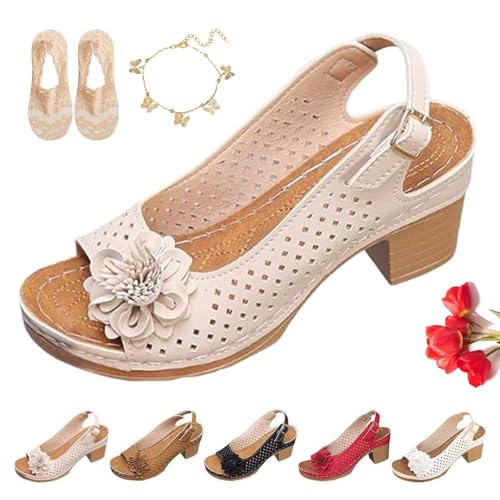 Buckled Square Heel Sandals for Women Dressy, Summer Womens Low Slingback Peep Toe Chunky Heeled Dress Wedge Shoes Comfy