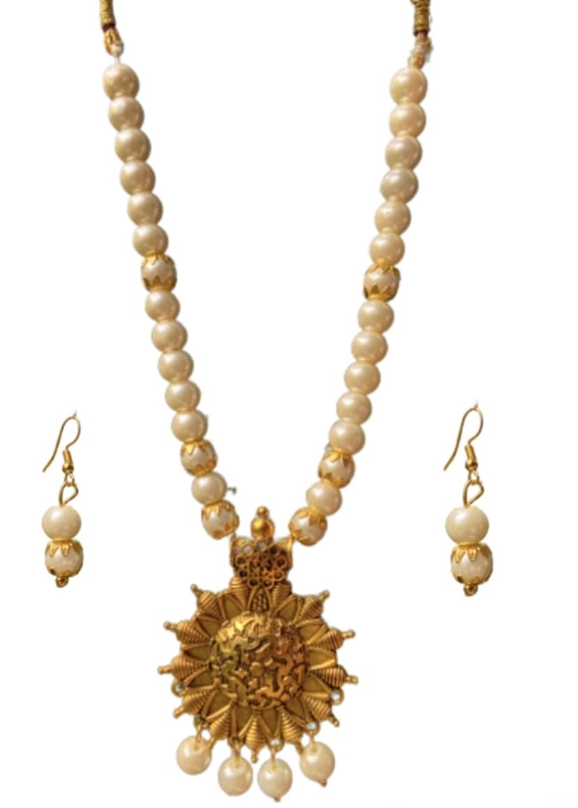 NIVIS Crystal Sun Gold Plated Pandel with Glorious White Pearl And With Earrings Pendal Set