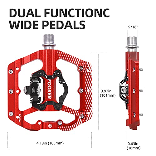 Fooker Mtb Mountain Bike Pedals 3 Bearing Flat Platform Compatible With Dual Function Sealed Clipless Aluminum 9/16" Pedals With Cleats For Road (Red 3 Bearings) #TOP2