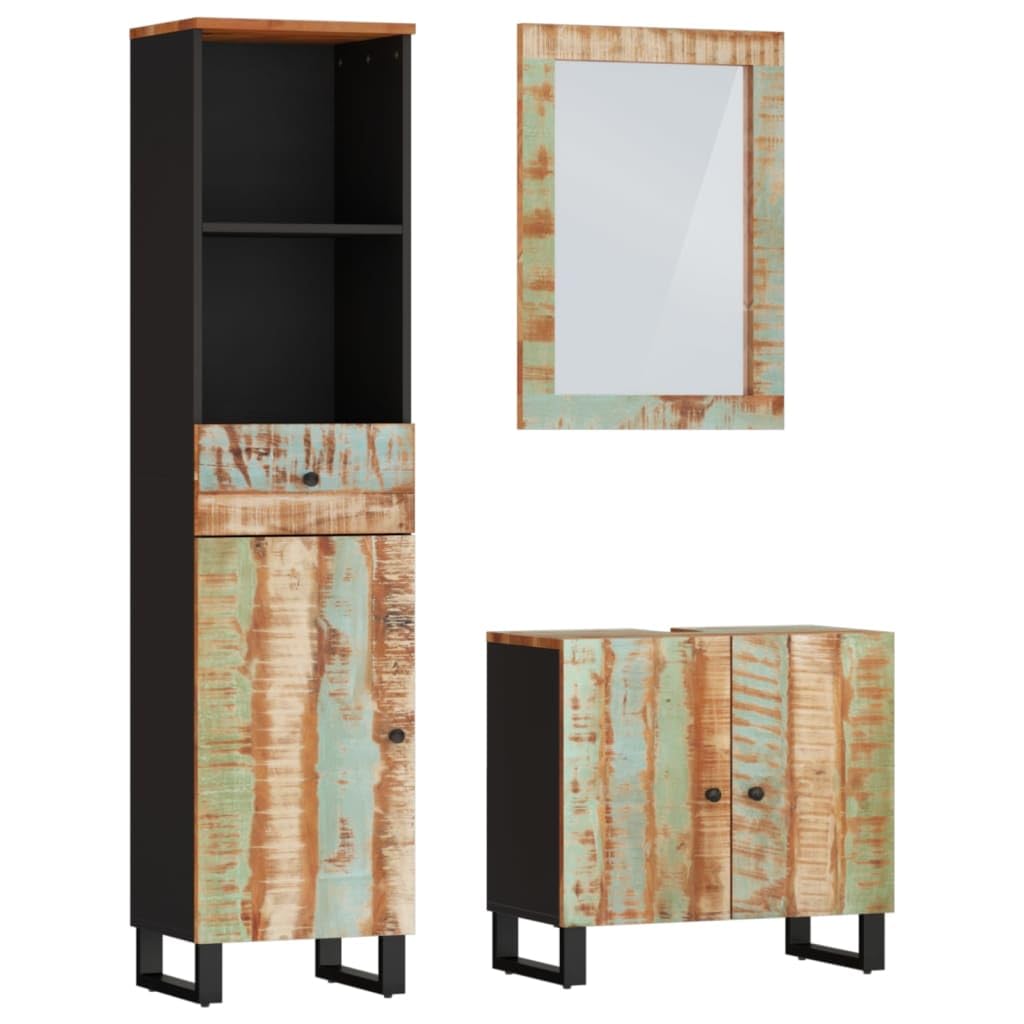 Ensemble de 3 meubles de salle de bain en bois massif recyclé : armoire de salle de bain avec lavabo et miroir en bois recyclé