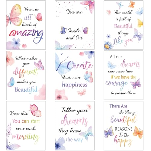 9 Set Watercolor Butterfly Inspirational Quote Wall Poster Prints 8 x 10 Inch Butterfly Motivational Saying Woman Room Decor Pictures Decor Wall Decals with 30 Glue Point Dots