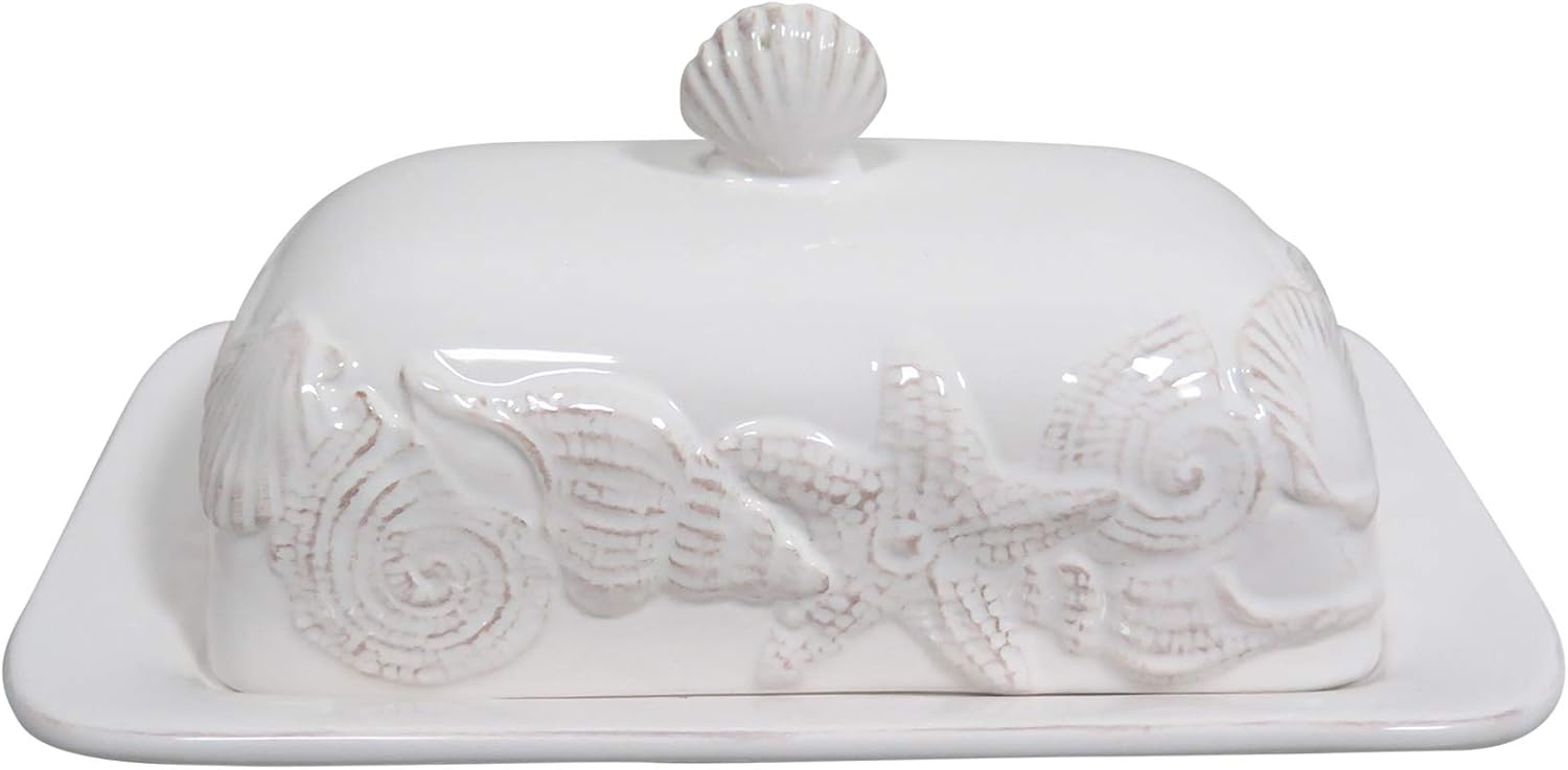 Blue Sky Ceramics White Shell Menagerie Butter Dish, Multi