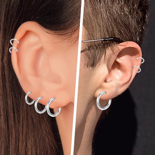 5 Pairs Solid Titanium Hoop Earrings Silver Small Stainless Steel Hoop Earrings 8mm 10mm 12mm 14mm 16mm Huggie Earring Hoops for Women Men4