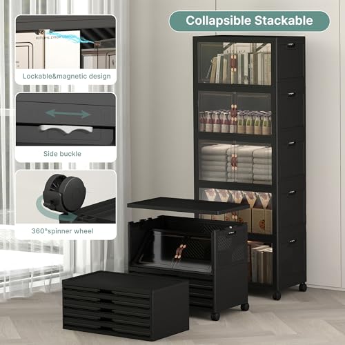 Image of UAMFURI 240QT Lockable Plastic Storage Bins, 5 Pack Collapsible Cabinets | Stackable Organizer with Doors & Wheels, Foldable Containers for Bedroom, Dorm, Office & Garage Storage