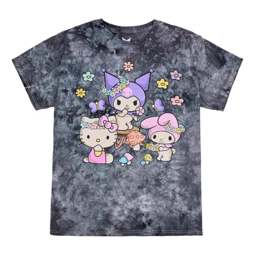 Kuromi, My Melody and Hello Kitty Puff Print Mushroom Scene Women's Black Cloud Wash Crew Neck Short Sleeve T-Shirt4