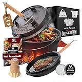 GUSSKÖNIG Dutch Oven Set - Eingebrannter Dutch Oven 9 Liter [6-10 Person]-Feuertopf Gusseisen mit Füßen-Schmortopf Doppelfunktion-2in1 Deckelheber, Bürste & DutchOven Rezeptbuch-30 Jahre Garantie
