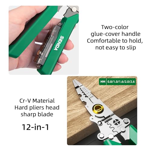 Image of 12 in 1 Foldable Wire Stripper with Electricity Measurement Function, Multifunctional Professional Electrician's Pliers, Cable stripping pliers for cutting (Green, Wire Stripper (Centre Split) 8 inch)