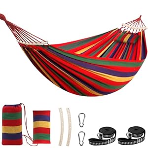 Chihee Cotton Hammock Large Soft Breathable Camping Hammock Holds Up to 660lbs Portable Tree Hammock with Detachable Spreader Bar Pillow 2 Strong Webbings 2 Carabiners Patio Garden Indoor Outdoor