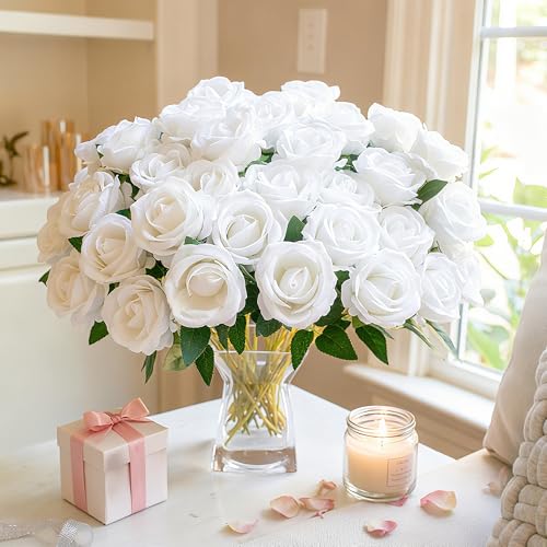 Image of HyeFlora 50 PCS White Roses Artificial Flowers, Fake Roses with Stems Realistic Silk Roses for DIY Wedding Bouquets Tables Centerpieces Arrangements Party Baby Shower Birthday Home Decor Gift for Her