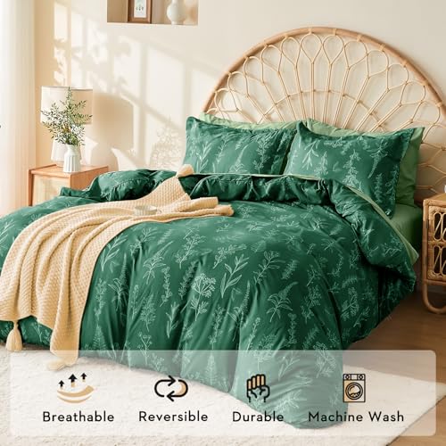 Image of MUXHOMO Emerald Green Full Comforter Set, Elegant Floral Print Bed in a Bag 7 Pieces, Ultra Soft & Breathable Reversible Botanical Pattern Bedding Set with Comforter, Sheets, Pillowcases, and Shams
